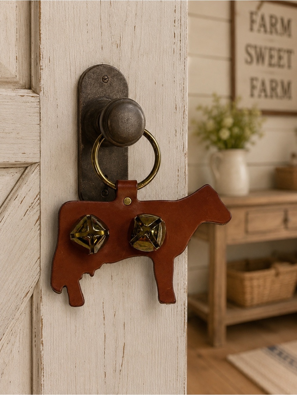 Brown Cow-Shaped leather Door Hanger with brass plated bells